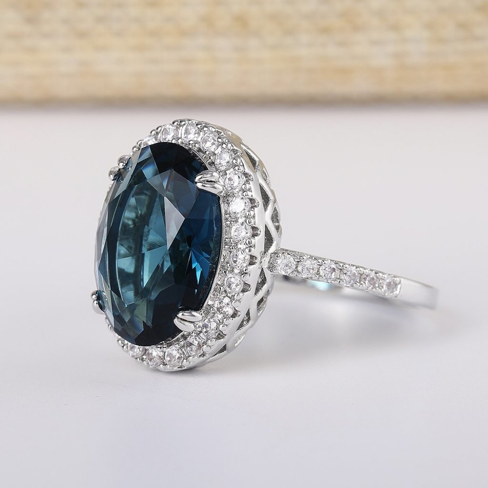 Noble Hollow Anillos Super Large Oval Pure Royal Blue CZ Silver Ring, L263 - Picture 3 of 8